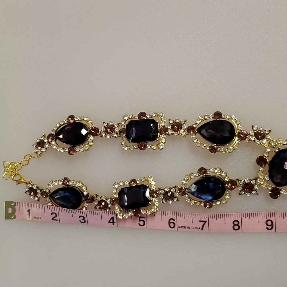 Purple amber and clear rhinestones goldtone statement necklace NIB wedding prom - Picture 5 of 10